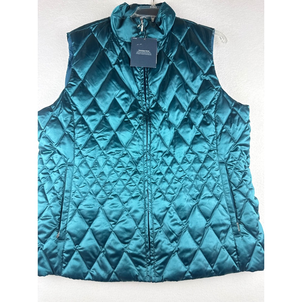 Lands End Angel Down Vest Womens XL Deep Teal Satin Diamond Quilted Puffer Zip